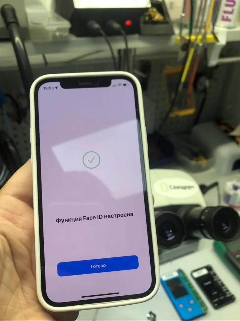 iPhone с экраном завершённой настройки Face ID на рабочем столе